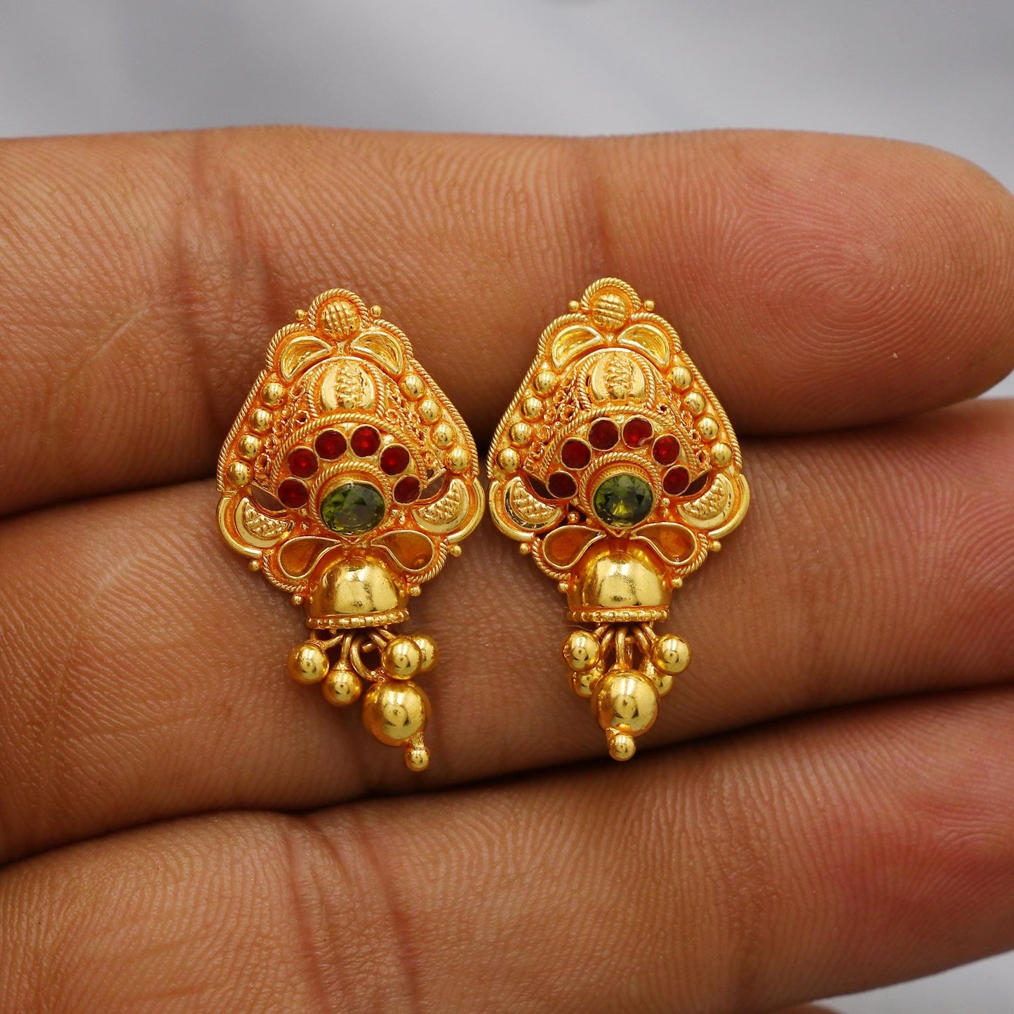 22k Yellow Gold Earrings with dangling small beads, Handmade Vintage Pure Traditional Indian Daily Wear Earrings jewelry, K6276