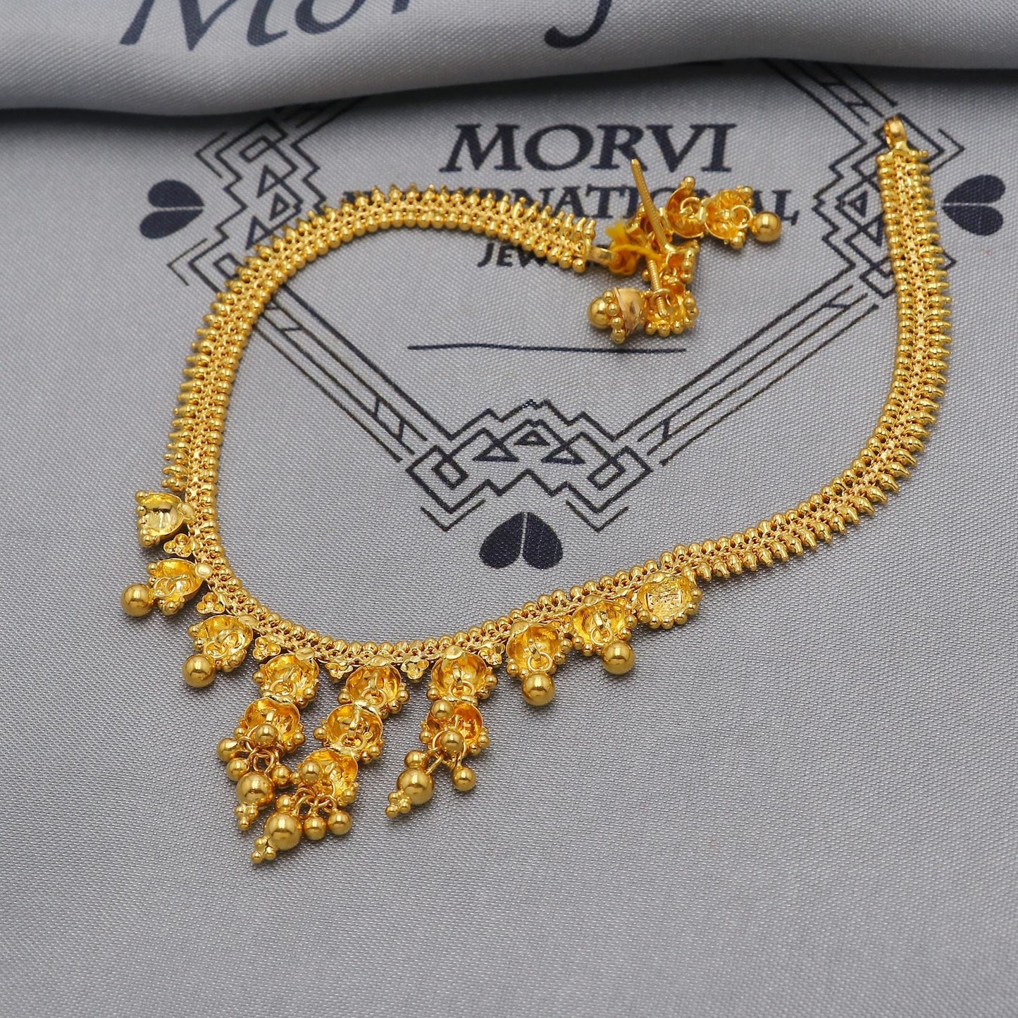 22k Yellow Gold Choker Necklace Set with Earrings, Jhumki Style Indian Pure Gold Set, Indian Gold Jewelry, Wedding Party Necklace, K6448