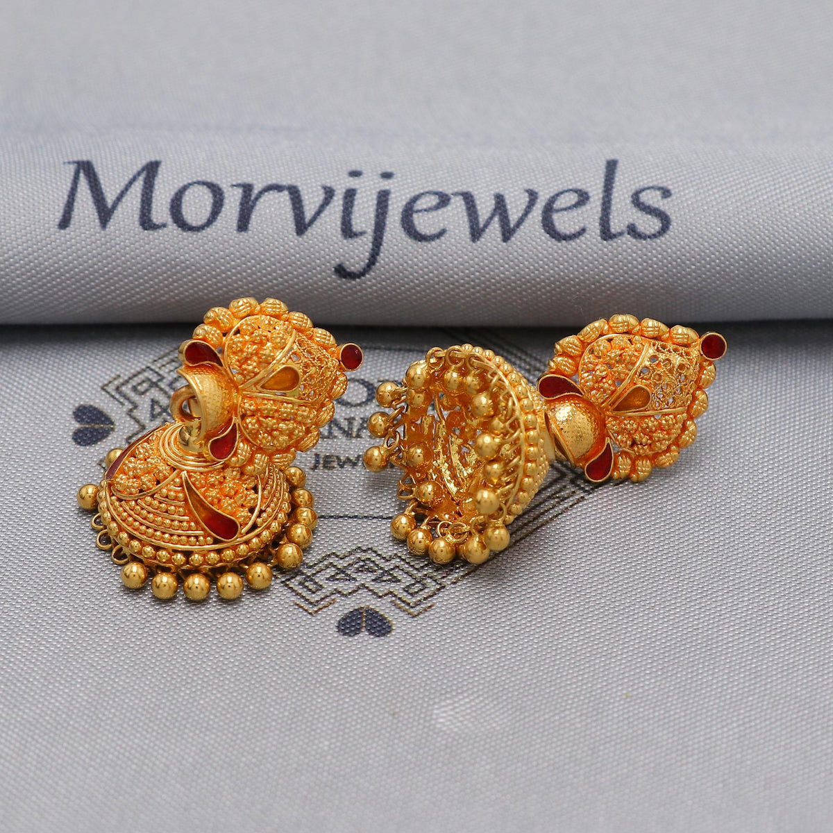 22k yellow gold earrings jhumka jewelry, handmade vintage Pure Traditional wedding indian style Jhumki Earrings Chandelier, K6574