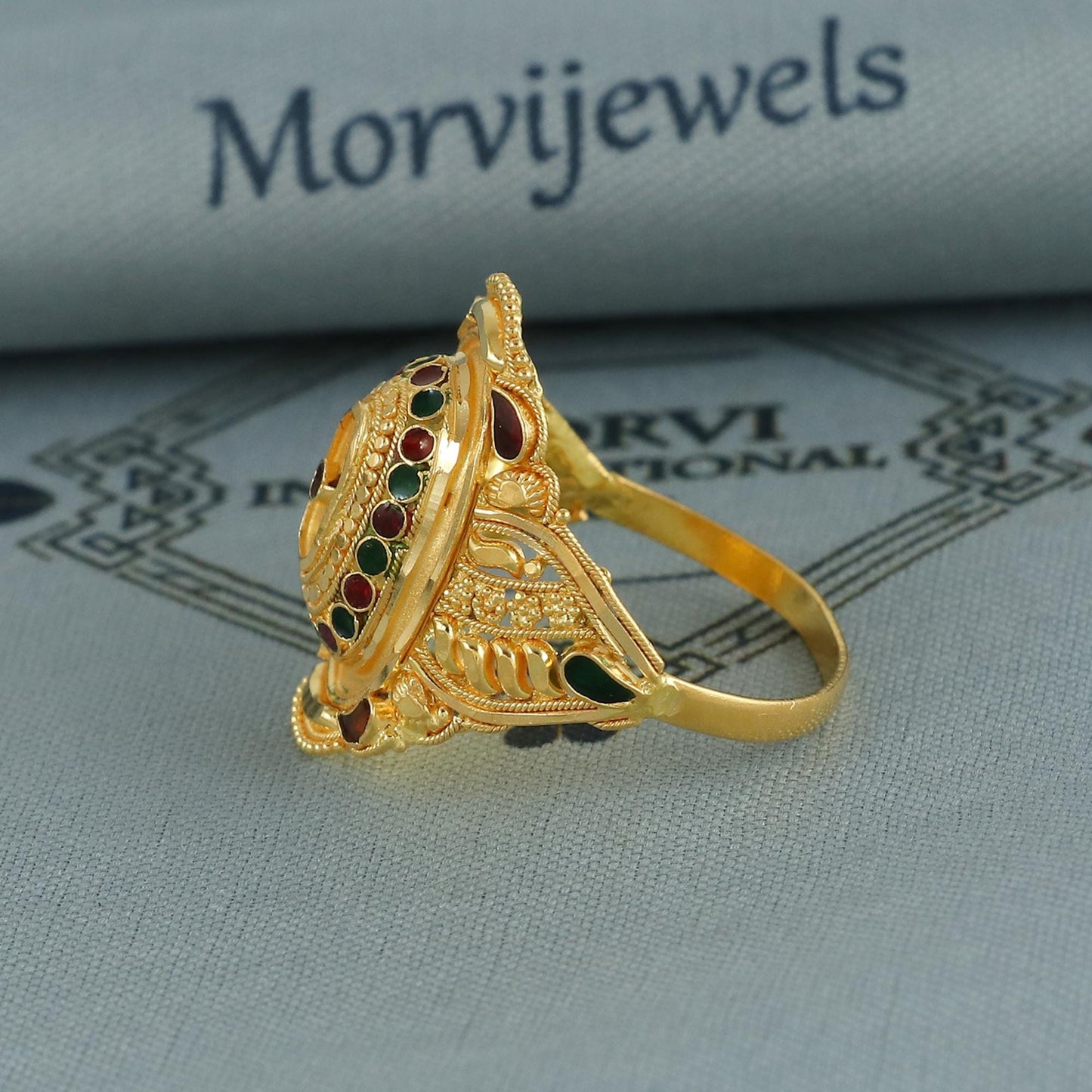 22k Yellow Gold Ring Jewelry, Enamel Meena Indian Vintage Design Gold Ring, Wedding Gold Ring, K6632