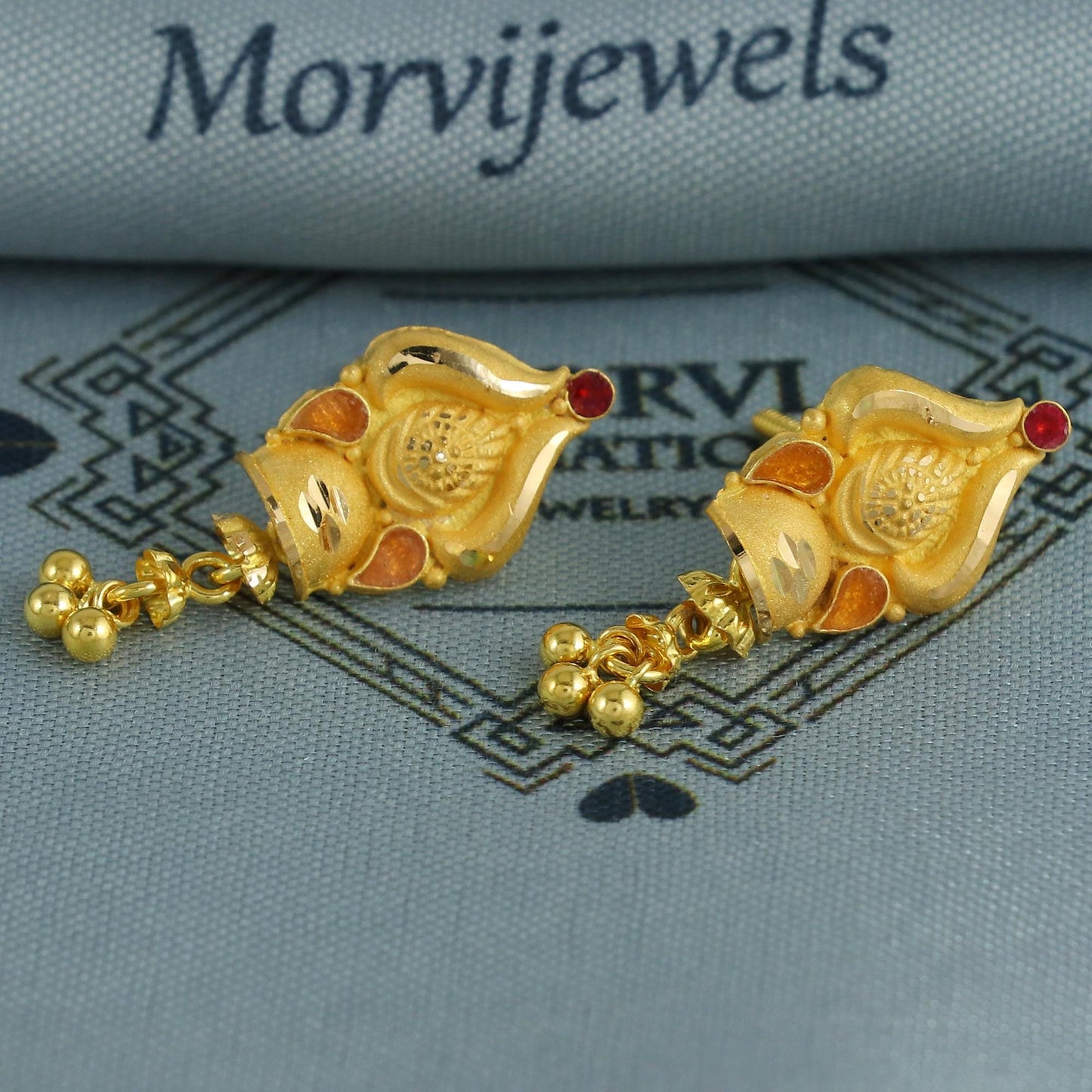 Wedding 22k Yellow Gold Earrings Indian Jewelry with hanging beads, Vintage Tribal Traditional Handmade Jewelry, K6845