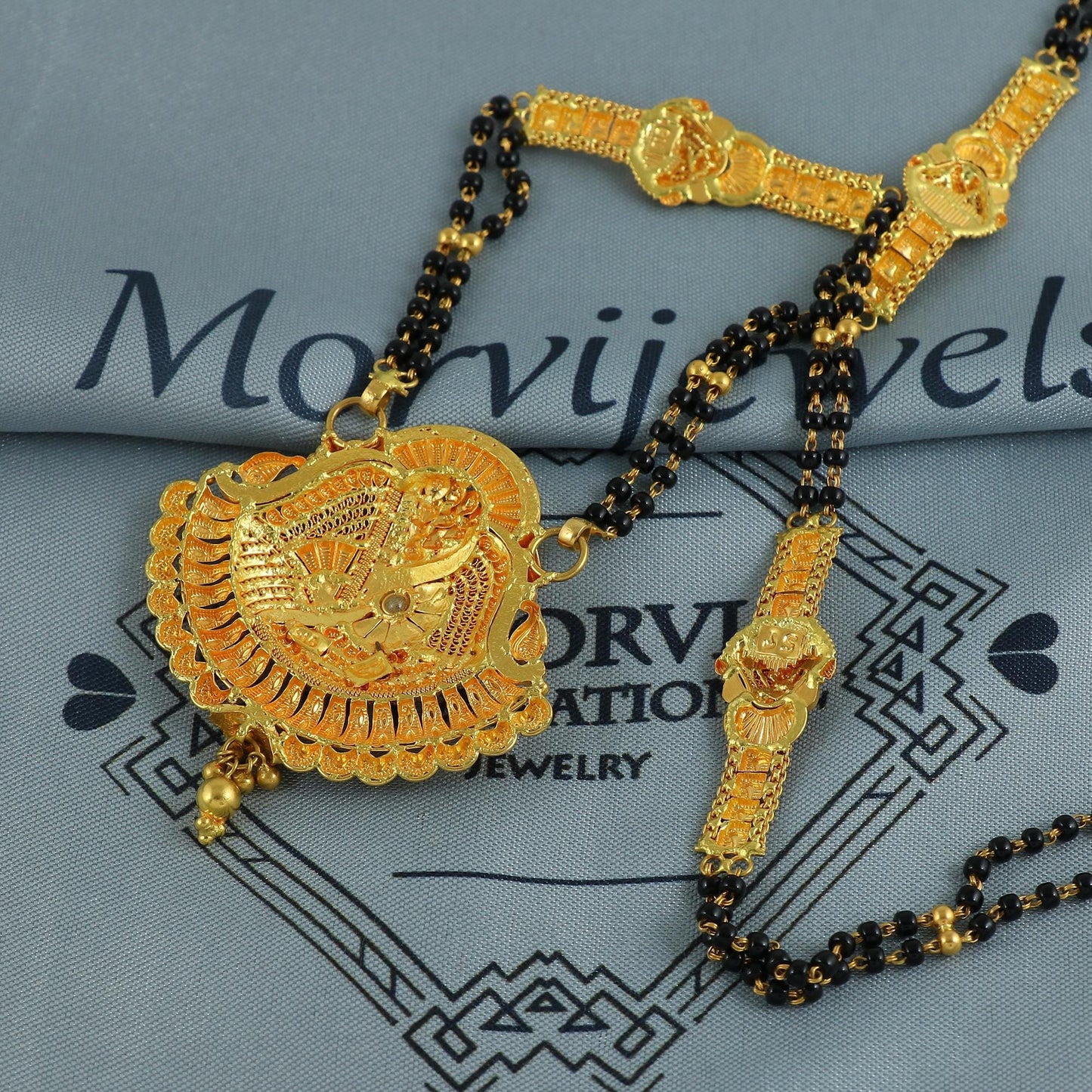 22k gold necklace mangalsutra with designer chain panels and black beads, Indian Wife Jewelry gift, Handcrafted Traditional Necklace, K6916