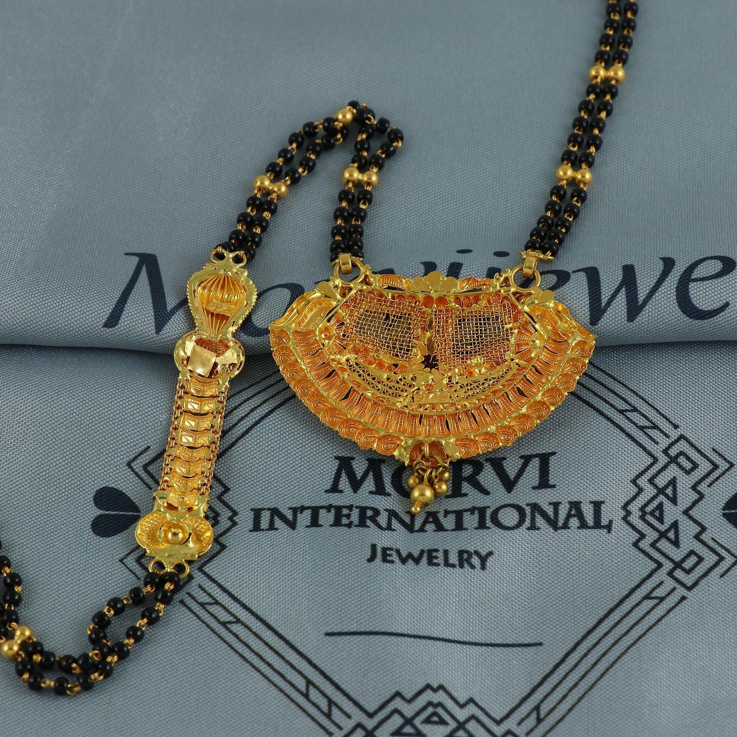 22k gold necklace mangalsutra with designer chain panels and black beads, Indian Wife Jewelry gift, Handcrafted Traditional Necklace, K6921