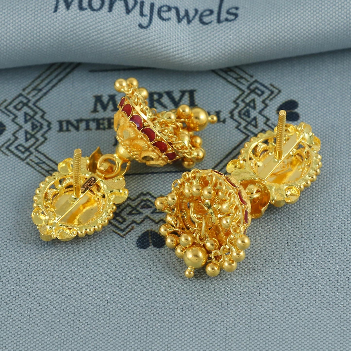 Floral 22k yellow gold earrings stud with dangling, handmade vintage Pure Traditional wedding indian style Jhumki Earrings Chandelier, K6934