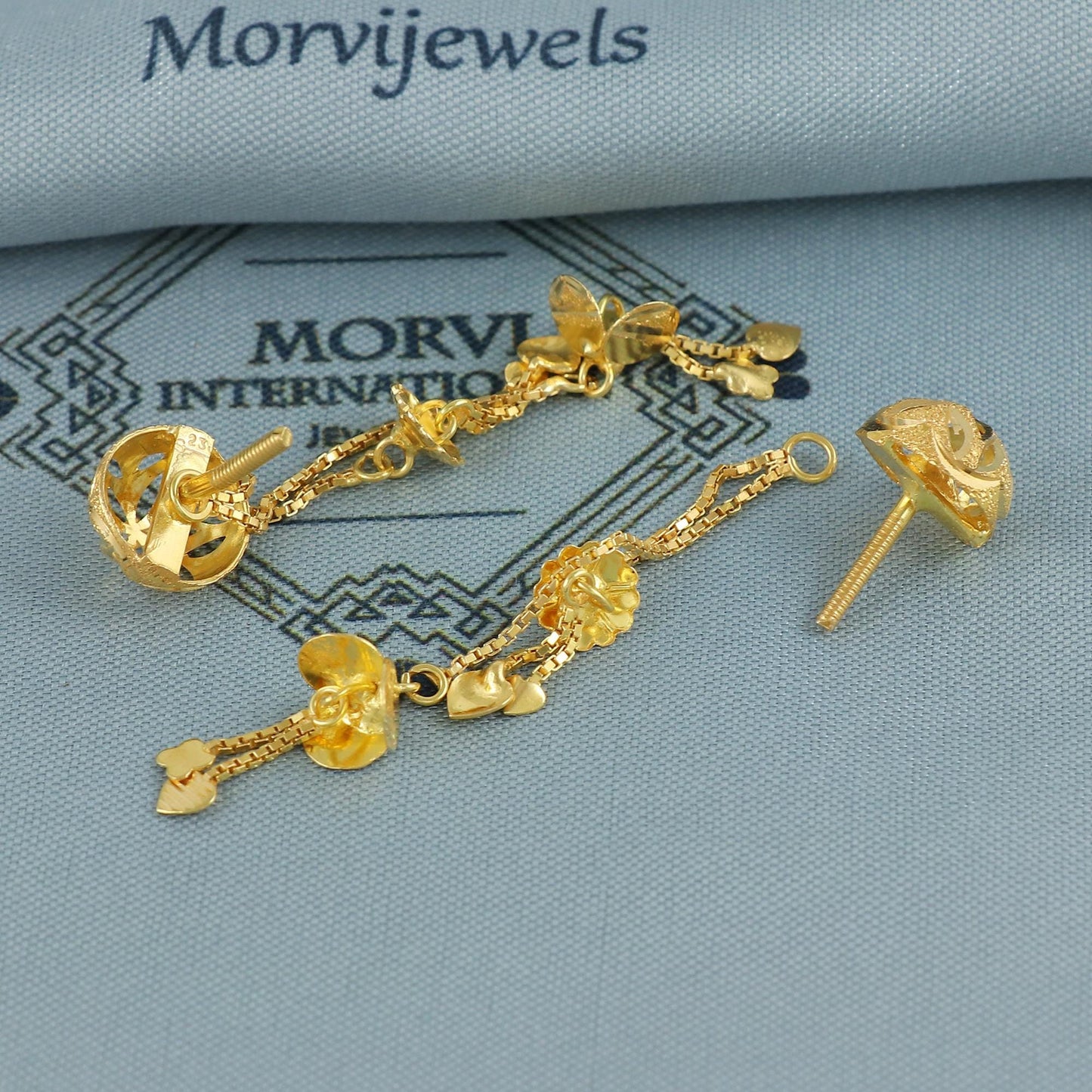 18k yellow gold earrings stud with dangling chain, handmade vintage Pure Traditional wedding indian style Earrings , K6935