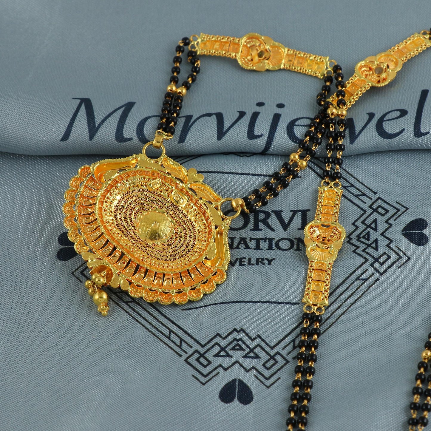 22k gold necklace mangalsutra with designer chain panels and black beads, Indian Wife Jewelry gift, Handcrafted Traditional Necklace, K6917