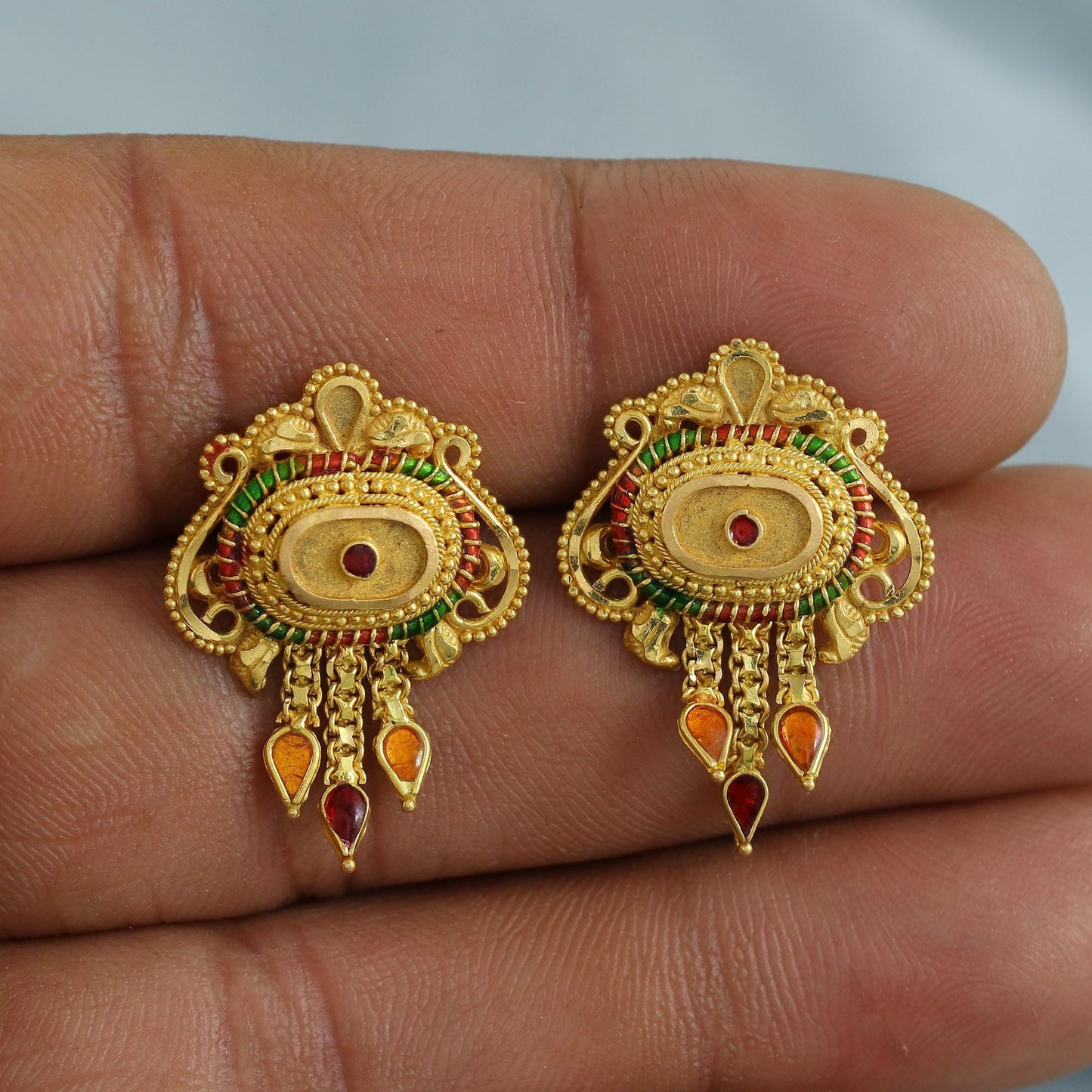22k Yellow Gold Earrings with Small beads Dangling Handmade Jewelry, K6928