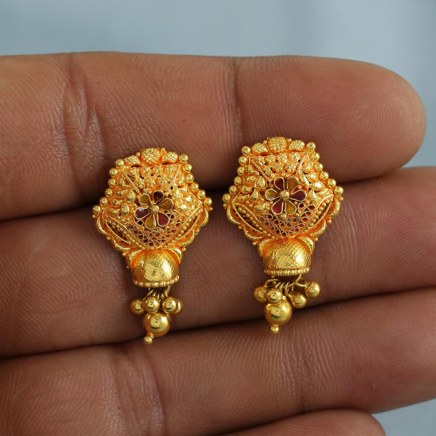 Intricate 22k Yellow Gold Earrings with Small beads Dangling Handmade Jewelry, K6929