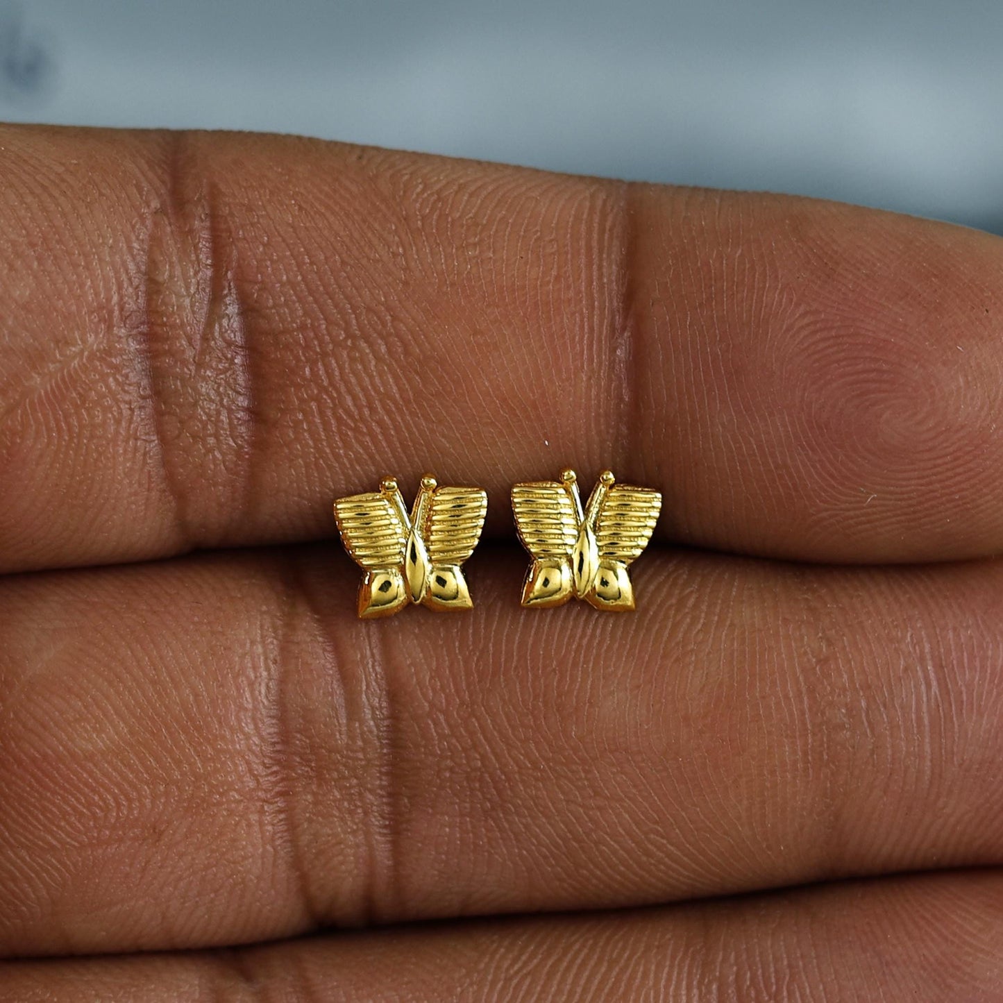 18k Gold Studs earrings, screw back small butterfly earrings, Genuine Gold Earrings Indian Handmade Jewelry for Women, K7044