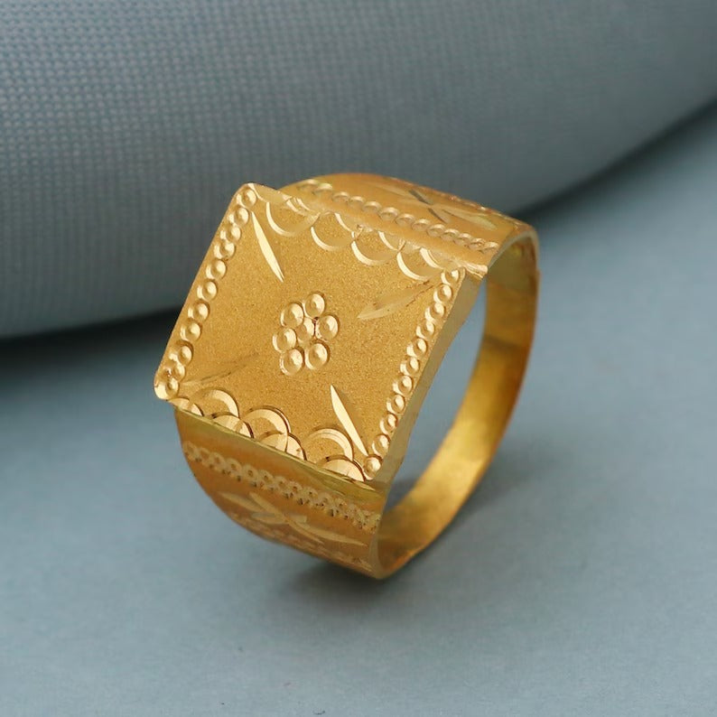 Hand Carved 22k Solid Gold Ring Jewelry, Handmade Indian Gold Ring, Women Men Gold Ring, Party Wear Signet Style Ring