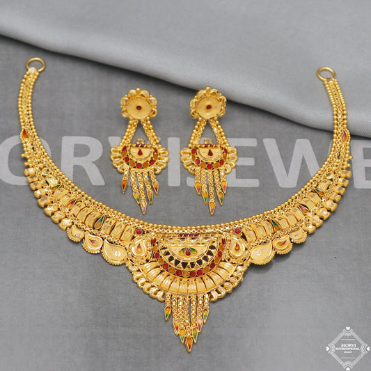 22k Yellow Gold Necklace Earrings Set, Indian Gold Wedding Jewelry Set, handmade gold set necklace earrings pair, K5008