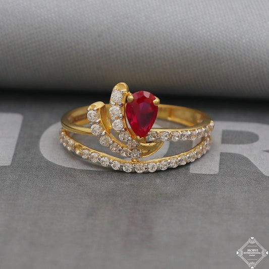 Red Stone Zircons 22k Yellow Gold Ring Jewelry, Handmade Indian Stone Ring, Zircon Gold Ring, All Size, K5044