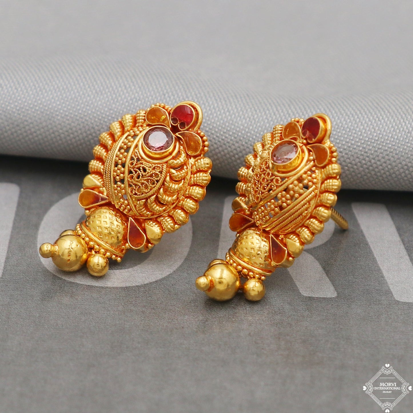 22k Yellow Gold Earrings Unique Handmade Indian 22kt Gold Bell Earrings Jewelry for Gift, K5124