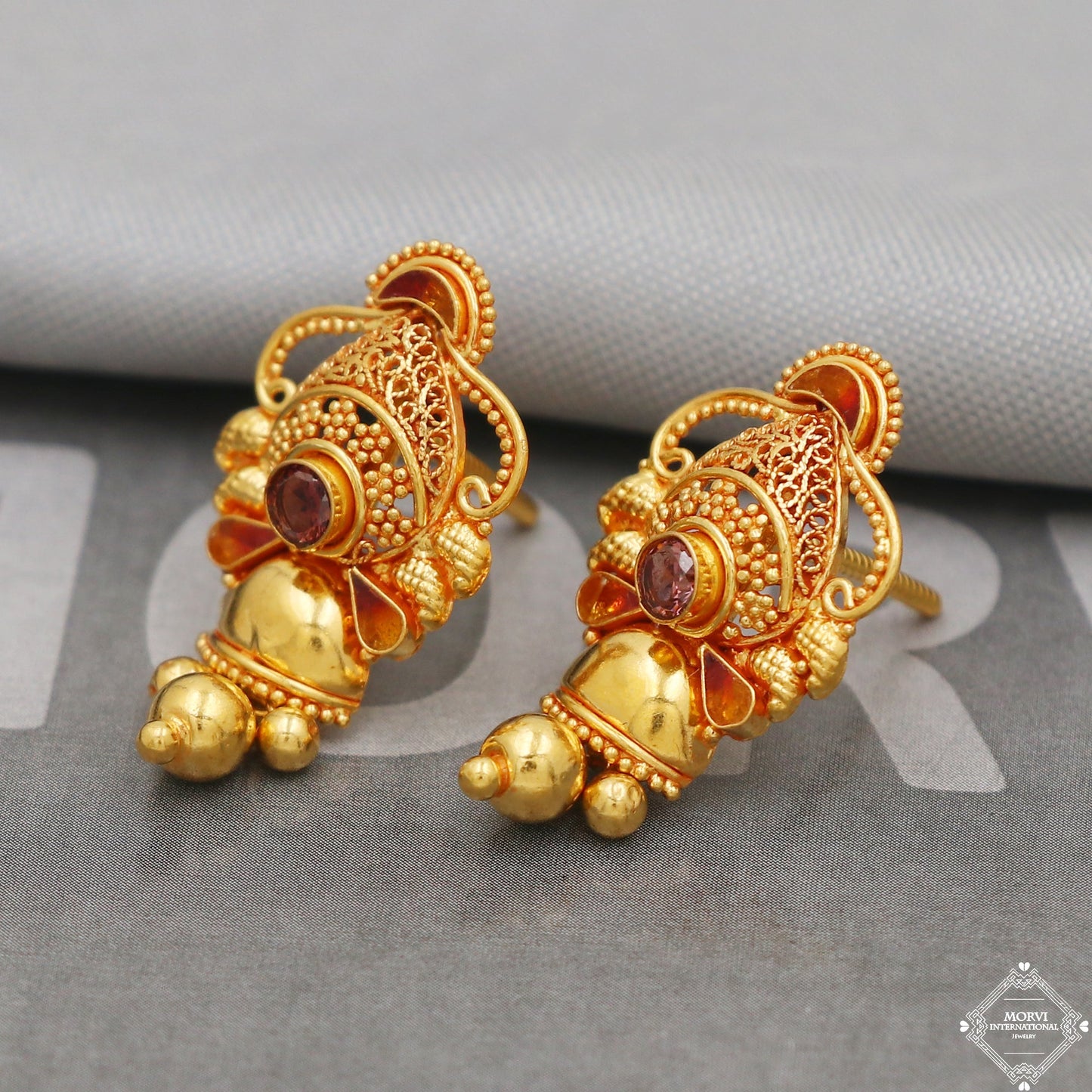22k Yellow Gold Earrings Unique Handmade Indian 22kt Gold Dangling Bell Earrings Jewelry for Gift, K5127