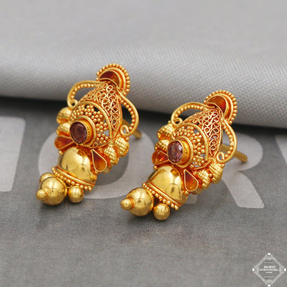 22k Yellow Gold Earrings Unique Handmade Indian 22kt Gold Dangling Bell Earrings Jewelry for Gift, K5127