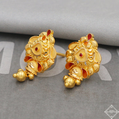 22k Yellow Gold Earrings Unique Handmade Indian 22kt Gold Dangling Bell Earrings Jewelry for Gift, K5128