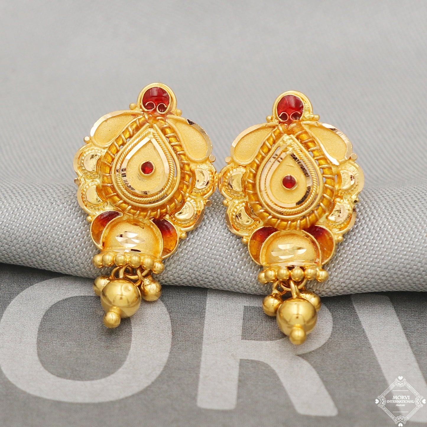 22k Yellow Gold Earrings Unique Handmade Indian 22kt Gold Stud Dangling Bells Earrings Jewelry for Gift, K5131