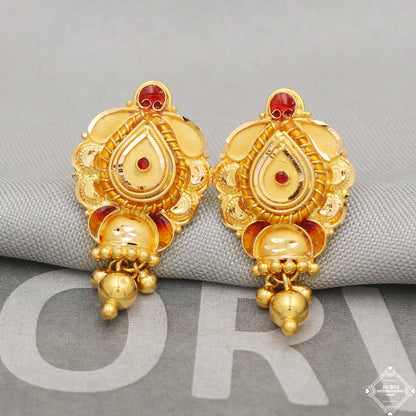 22k Yellow Gold Earrings Unique Handmade Indian 22kt Gold Stud Dangling Bells Earrings Jewelry for Gift, K5131