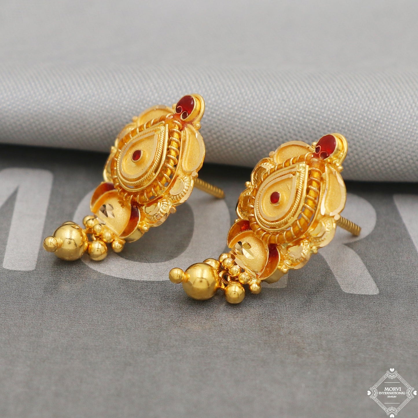 22k Yellow Gold Earrings Unique Handmade Indian 22kt Gold Stud Dangling Bells Earrings Jewelry for Gift, K5131