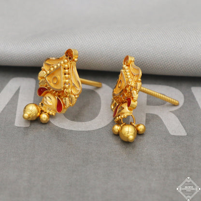 22k Yellow Gold Earrings Unique Handmade Indian 22kt Gold Stud Dangling Bells Earrings Jewelry for Gift, K5135