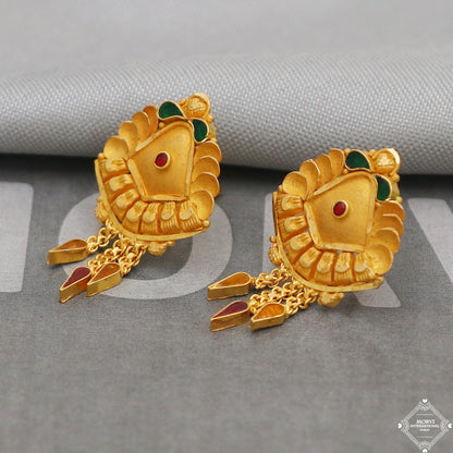 22k Yellow Gold Earrings Unique Handmade Indian 22kt Gold Stud Dangling chain Earrings Jewelry for Gift, K5136