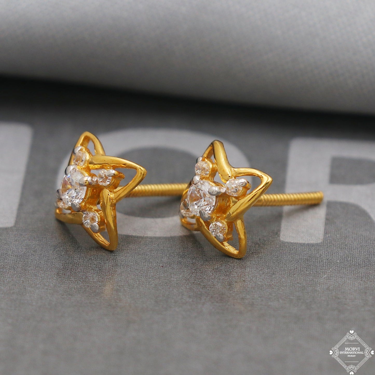 22k Yellow Gold Earrings Square Unique Handmade Indian 22kt Gold Stud White Stone Earrings Jewelry for Gift, K5141