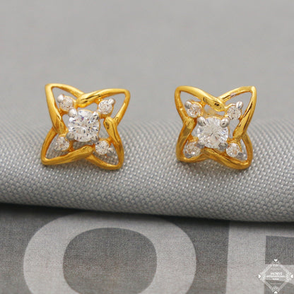 22k Yellow Gold Earrings Square Unique Handmade Indian 22kt Gold Stud White Stone Earrings Jewelry for Gift, K5141