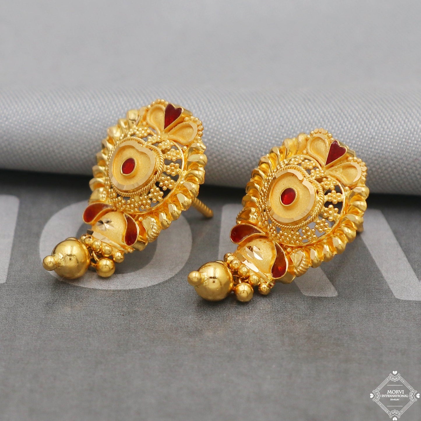 22kt 22k Yellow Gold Earrings Unique Handmade Indian 22kt Gold Stud Dangling Bell Earrings Jewelry for Gift, K5143