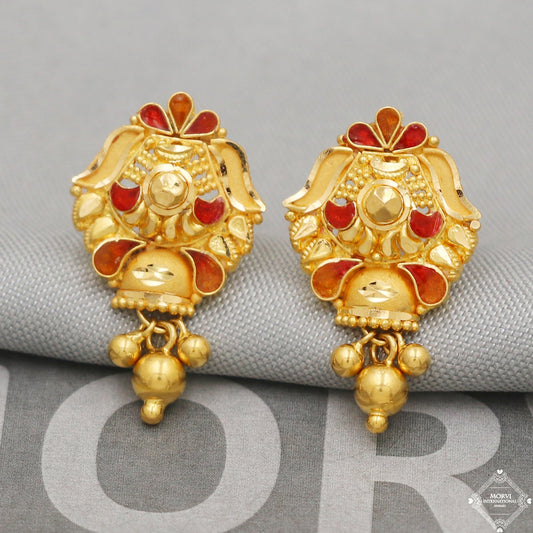 22k Gold Earrings Unique Handmade Indian 22kt Gold Stud Dangling Bell Earrings Jewelry for Gift, K5149