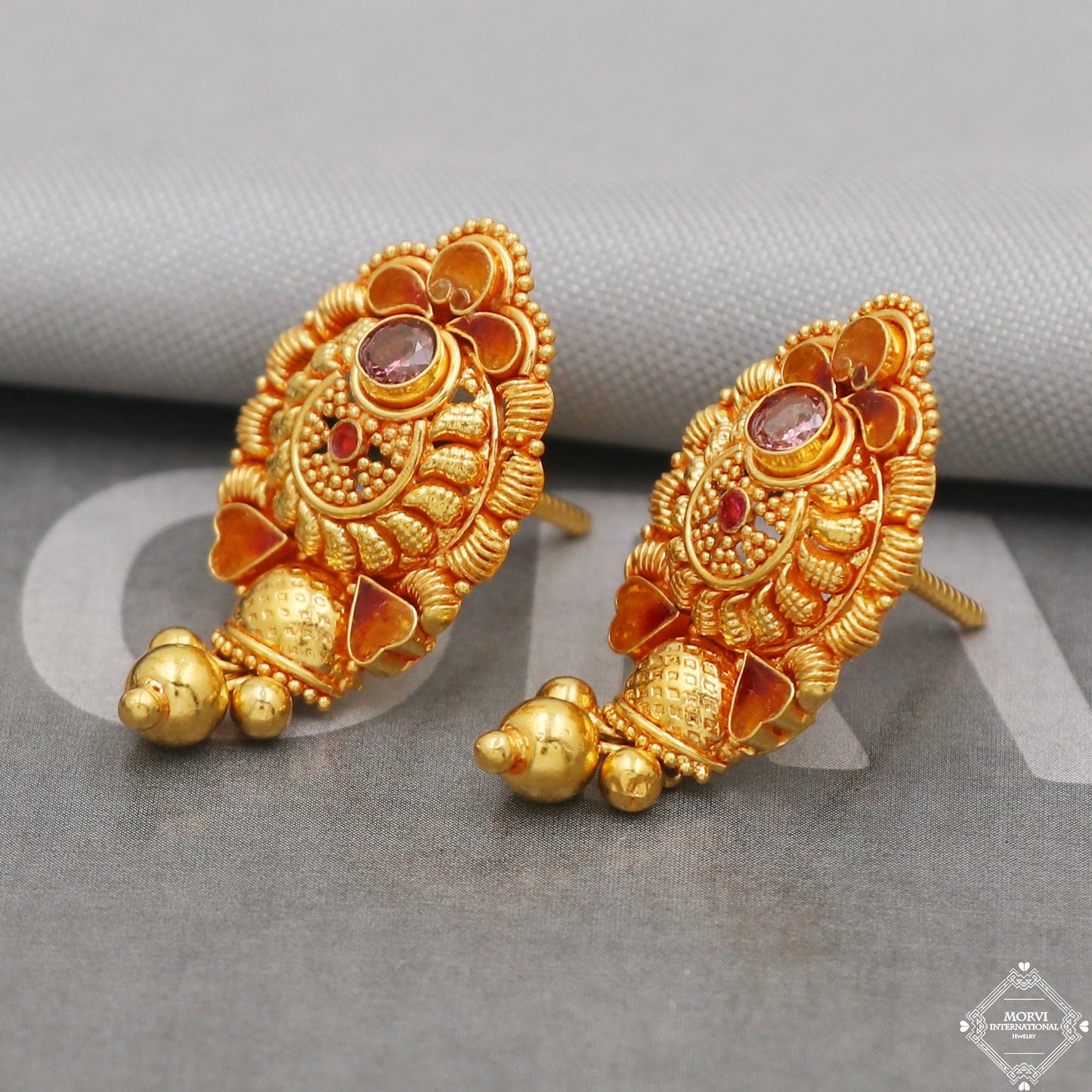 22k Gold Earrings Unique Handmade Indian 22kt Gold Stud Dangling Bell Earrings Jewelry for Gift, K5150