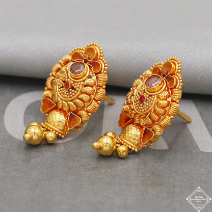 22k Gold Earrings Unique Handmade Indian 22kt Gold Stud Dangling Bell Earrings Jewelry for Gift, K5150