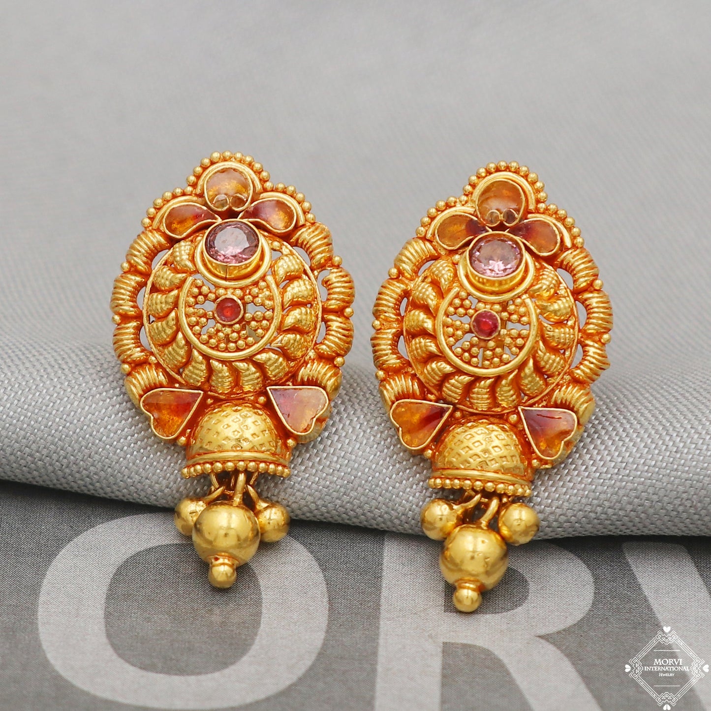 22k Gold Earrings Unique Handmade Indian 22kt Gold Stud Dangling Bell Earrings Jewelry for Gift, K5150