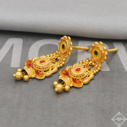 22k Gold Earrings Dangle Bells Party Wear Handmade Indian 22kt Gold Dangle screw back Earrings Jewelry for Gift, K5152