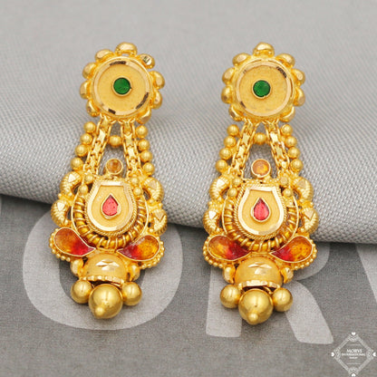 22k Gold Earrings Dangle Bells Party Wear Handmade Indian 22kt Gold Dangle screw back Earrings Jewelry for Gift, K5152