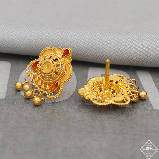 22k Gold Earrings Dangle Small Tiny Bells Party Wear Handmade Indian 22kt Gold Dangle screw back Earrings Jewelry for Gift, K5153
