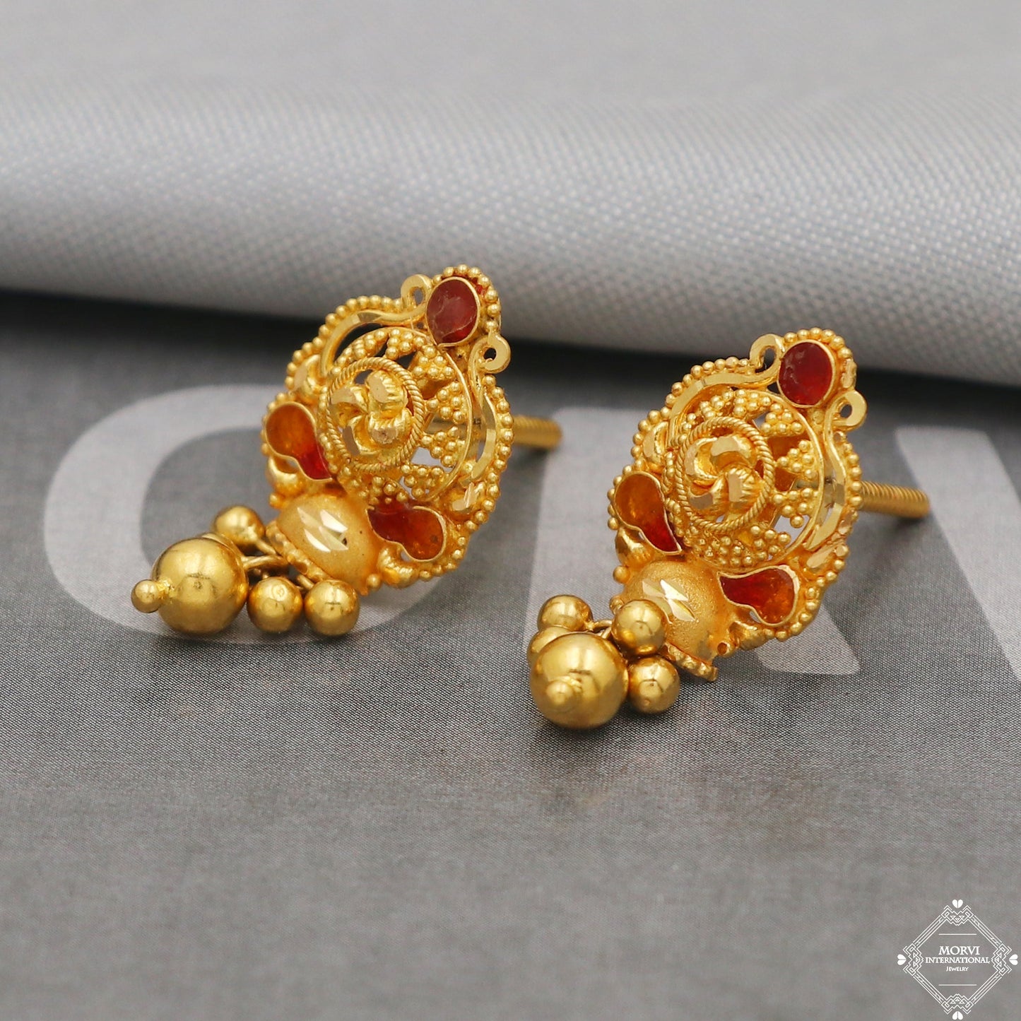22k Gold Earrings Dangle Small Tiny Bells Party Wear Handmade Indian 22kt Gold Dangle screw back Earrings Jewelry for Gift, K5154