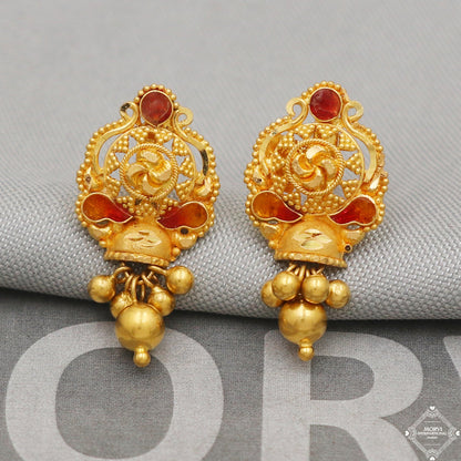 22k Gold Earrings Dangle Small Tiny Bells Party Wear Handmade Indian 22kt Gold Dangle screw back Earrings Jewelry for Gift, K5154