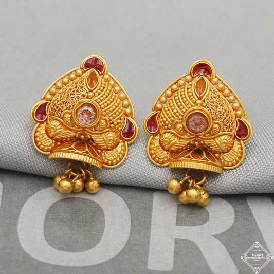 22k Gold Earrings Dangle Small Tiny Bells Filigree Party Wear Handmade Indian 22kt Gold Dangle screw back Earrings Jewelry for Gift, K5155