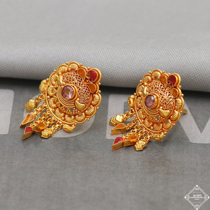 22k Gold Earrings Dangle Small Tiny Filigree Party Wear Handmade Indian 22kt Gold Dangle screw back Earrings Jewelry for Gift, K5156