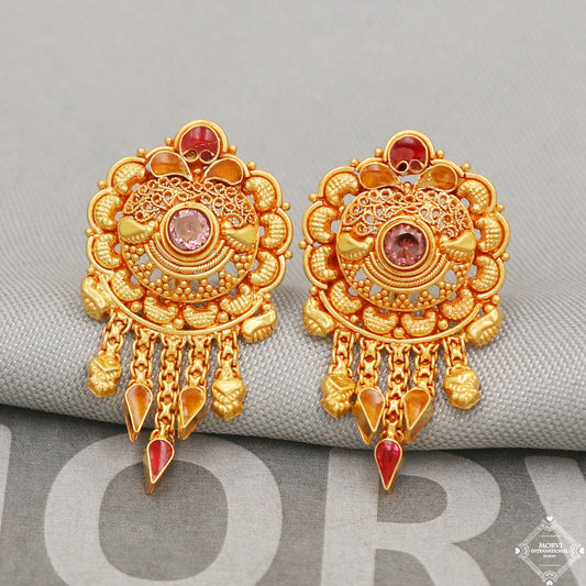 22k Gold Earrings Dangle Small Tiny Filigree Party Wear Handmade Indian 22kt Gold Dangle screw back Earrings Jewelry for Gift, K5156