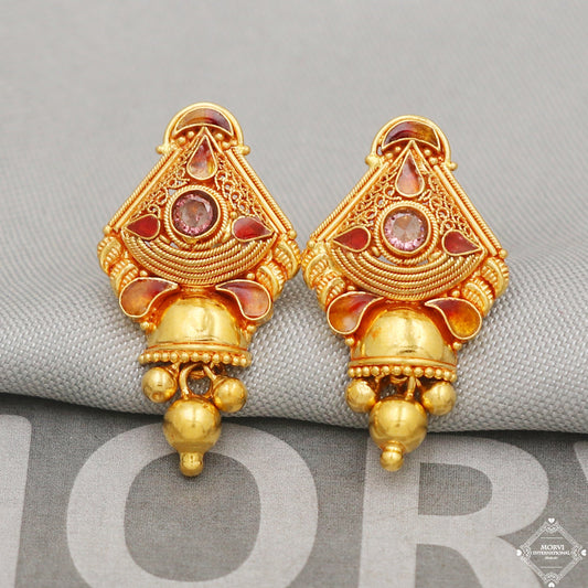 22k Gold Earrings Dangle Small Tiny Filigree Party Wear Handmade Indian 22kt Gold Dangle screw back Earrings Jewelry for Gift, K5157