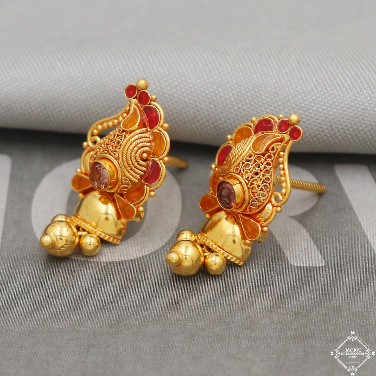 22k Gold Earrings Dangle Small Tiny Filigree Party Wear Handmade Indian 22kt Gold Dangle screw back Earrings Jewelry for Gift, K5158