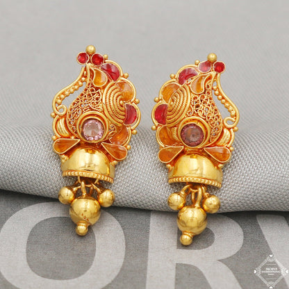 22k Gold Earrings Dangle Small Tiny Filigree Party Wear Handmade Indian 22kt Gold Dangle screw back Earrings Jewelry for Gift, K5158