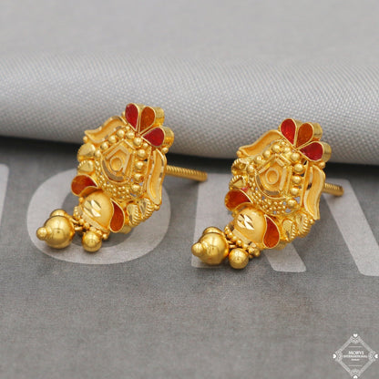 22k Gold Earrings Dangle Small Tiny Filigree Party Wear Handmade Indian 22kt Gold Dangle screw back Earrings Jewelry for Gift, K5159
