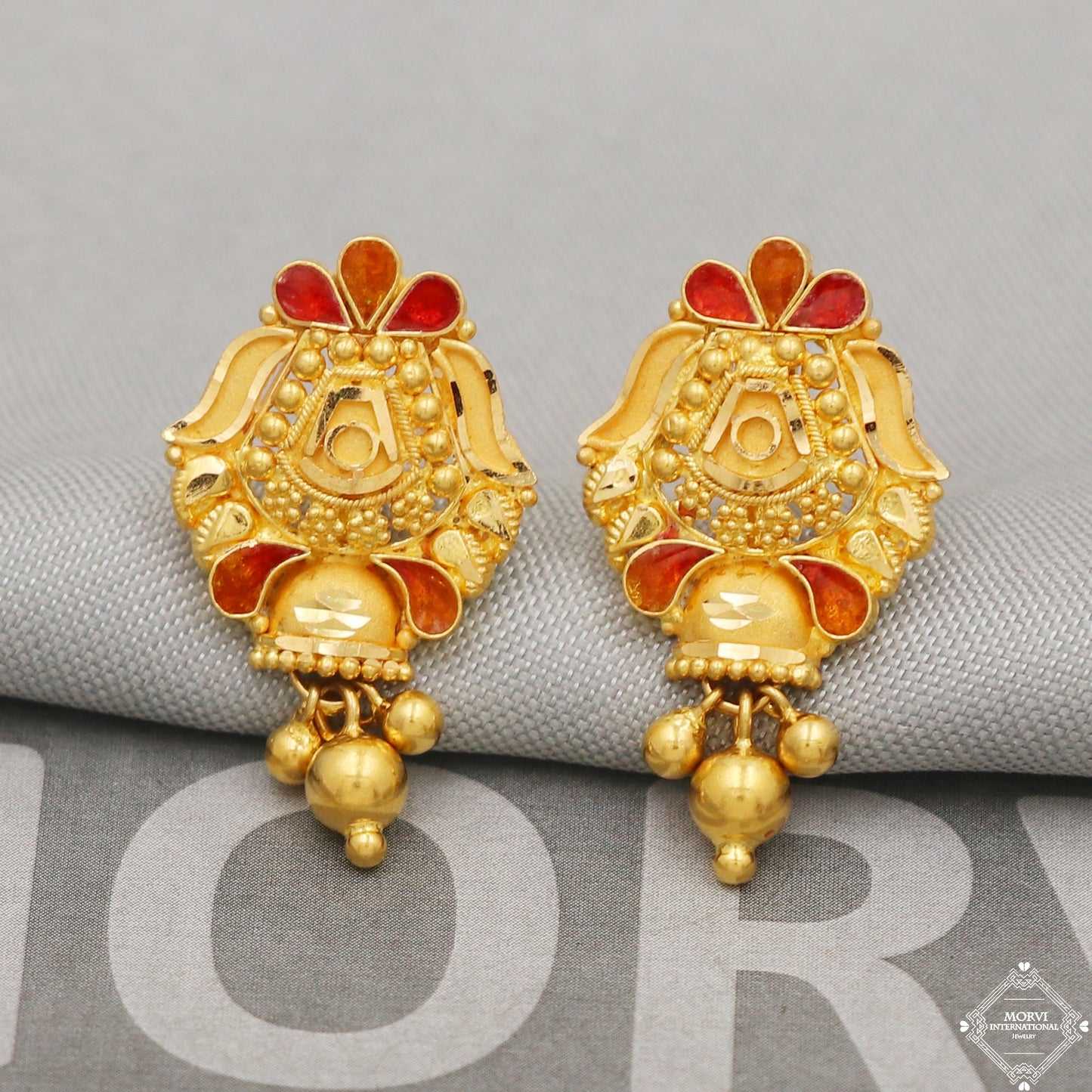 22k Gold Earrings Dangle Small Tiny Filigree Party Wear Handmade Indian 22kt Gold Dangle screw back Earrings Jewelry for Gift, K5159