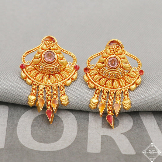 22k Gold Earrings Dangle Small Tiny Chain Party Wear Handmade Indian 22kt Gold Dangle screw back Earrings Jewelry for Gift, K5160