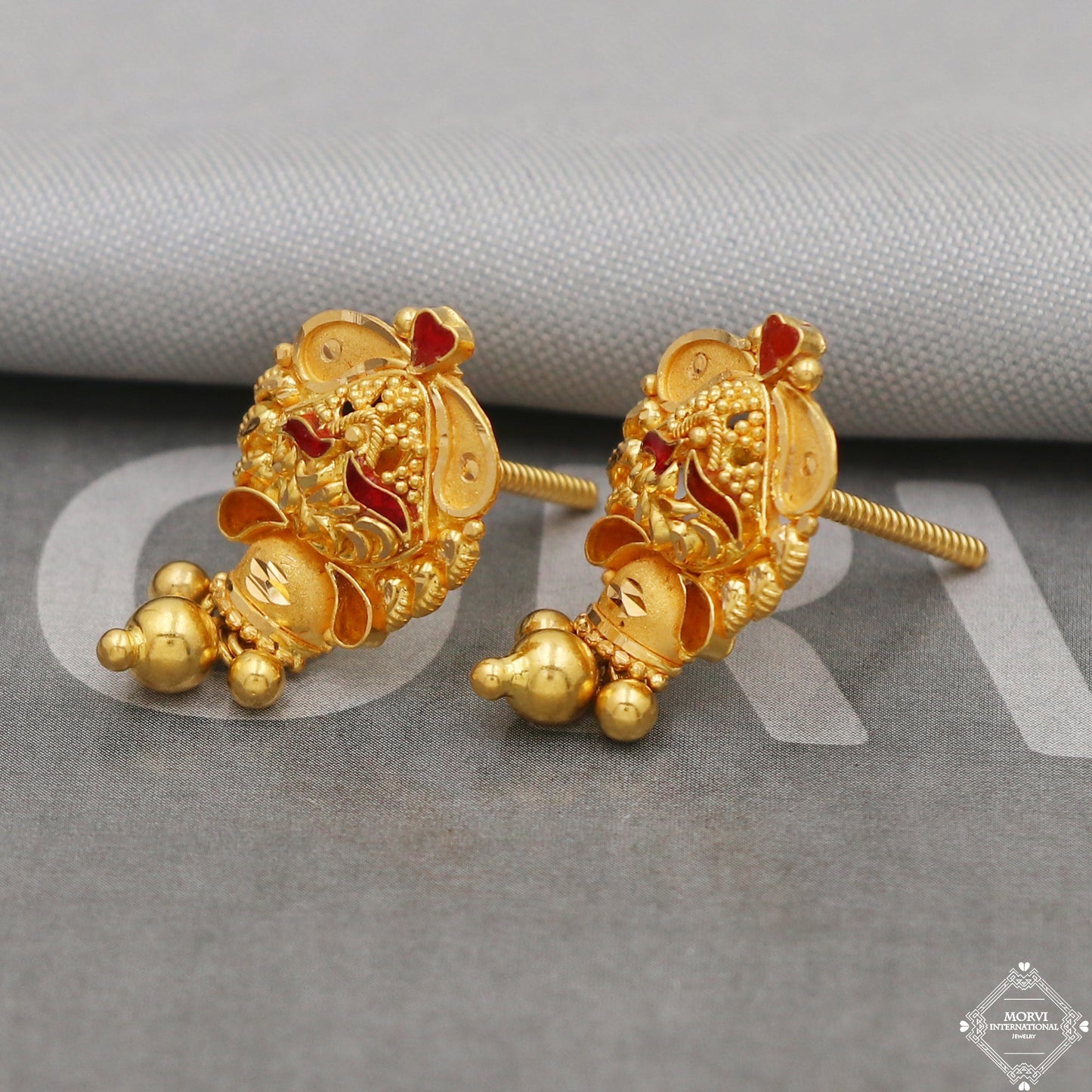 22k Gold Earrings Dangle Bells Party Wear Handmade Indian 22kt Gold Dangle screw back Earrings Jewelry for Gift, K5162