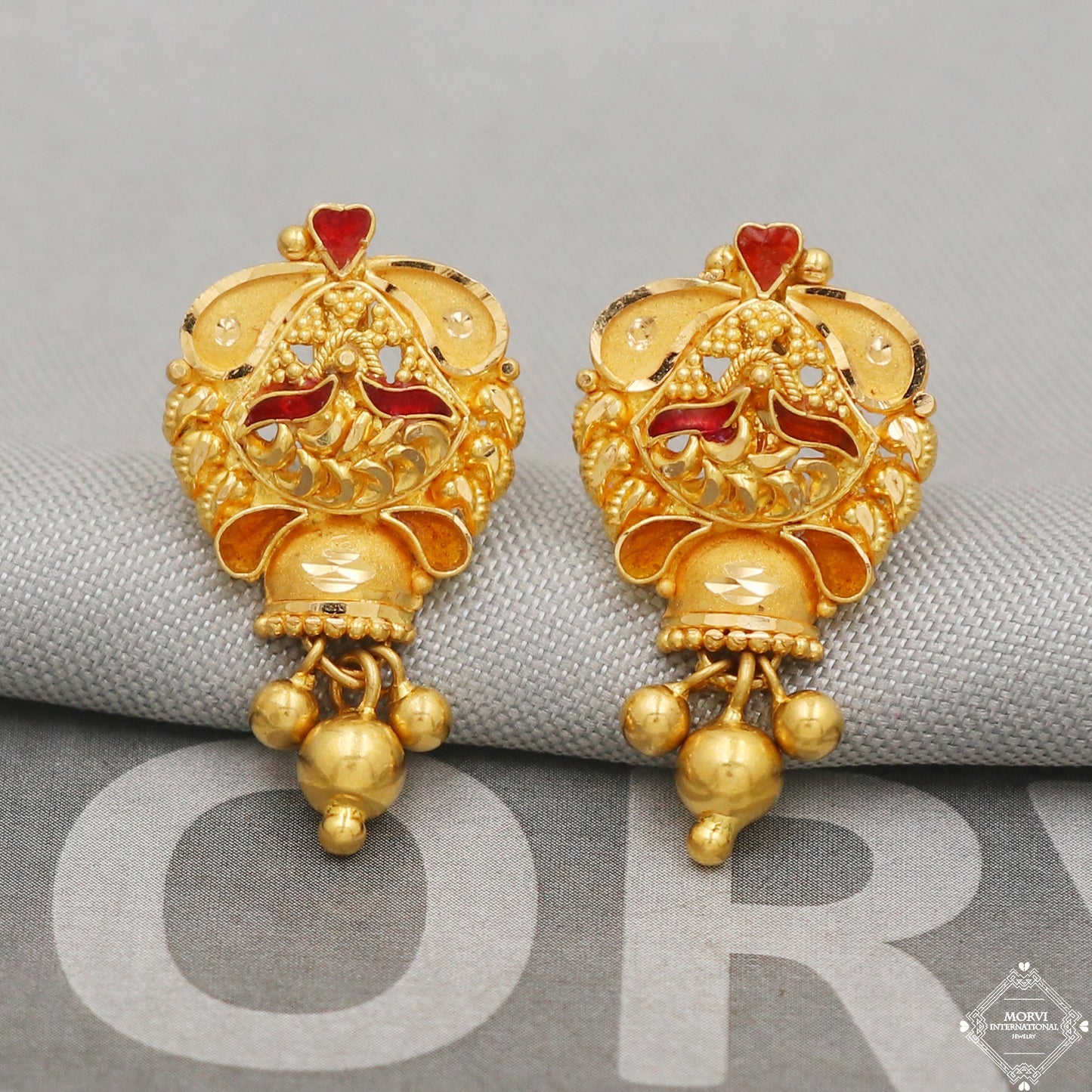 22k Gold Earrings Dangle Bells Party Wear Handmade Indian 22kt Gold Dangle screw back Earrings Jewelry for Gift, K5162