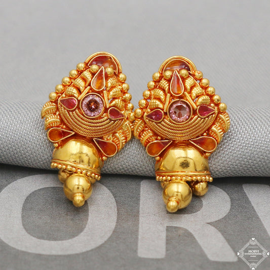 22k Gold Earrings Dangle Bells Party Wear Handmade Indian 22kt Gold Dangle screw back Earrings Jewelry for Gift, K5163