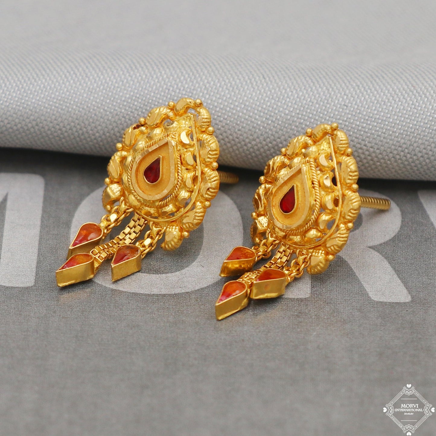 22k Gold Earrings Dangle Chain Party Wear Handmade Indian 22kt Gold Dangle screw back Earrings Jewelry for Gift, K5164